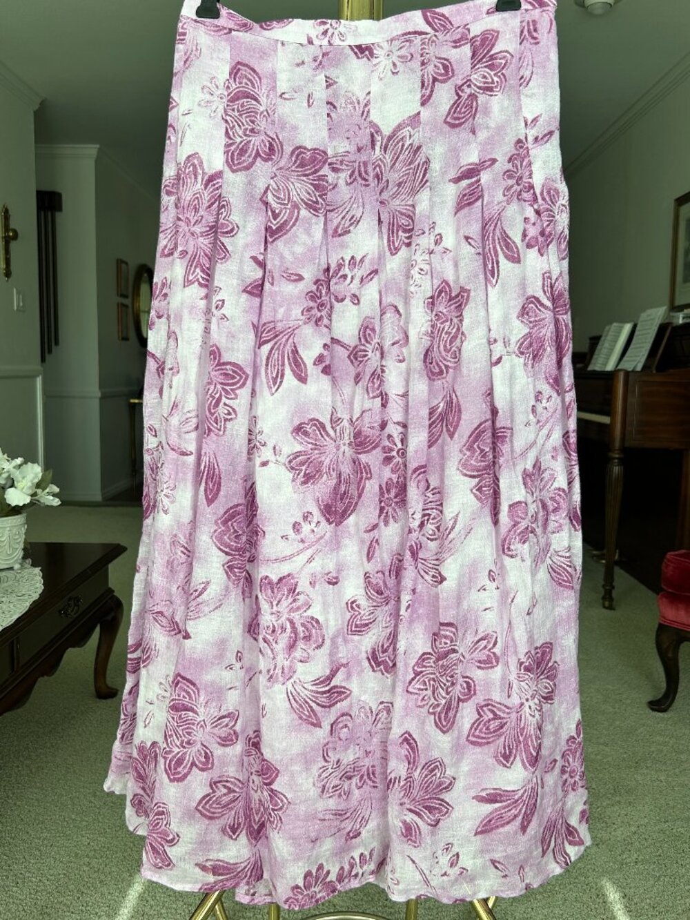 NWT J Jill purple floral midi skirt %100 linen size 4 a line w pleats